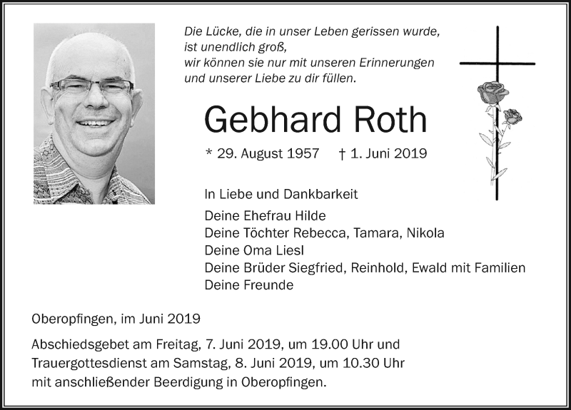  Traueranzeige für Gebhard Roth vom 05.06.2019 aus Memminger Zeitung