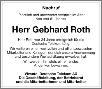Traueranzeige von Gebhard Roth von Memminger Zeitung