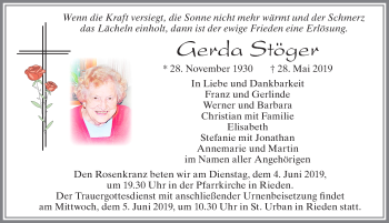 Traueranzeige von Gerda Stöger von Allgäuer Zeitung, Füssen