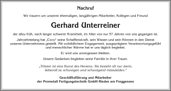 Traueranzeige von Gerhard Unterreiner von Allgäuer Zeitung, Füssen