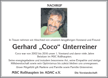 Traueranzeige von Gerhard Unterreiner von Allgäuer Zeitung, Füssen
