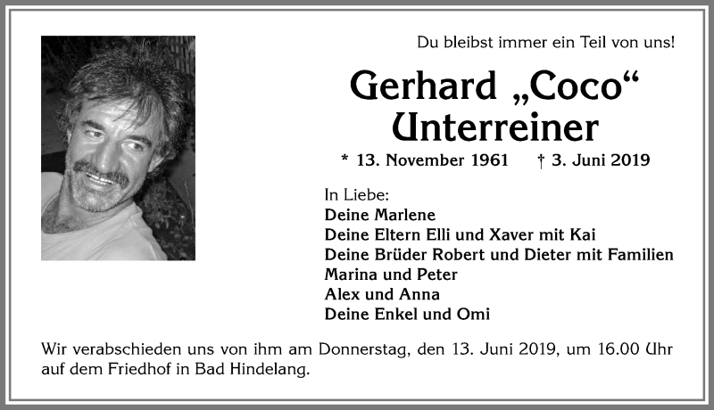  Traueranzeige für Gerhard Unterreiner vom 11.06.2019 aus Allgäuer Zeitung