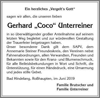 Traueranzeige von Gerhard Unterreiner von Allgäuer Zeitung