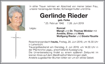 Traueranzeige von Gerlinde Rieder von Memminger Zeitung