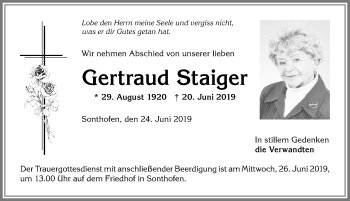 Traueranzeige von Gertraud Staiger von Allgäuer Anzeigeblatt