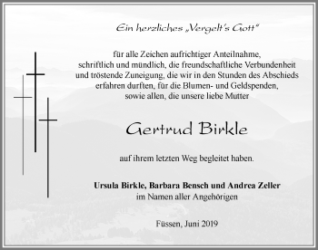 Traueranzeige von Gertrud Birkle von Allgäuer Zeitung, Füssen