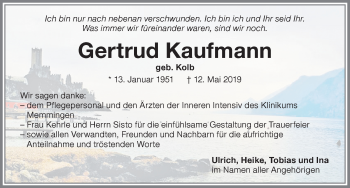 Traueranzeige von Gertrud Kaufmann von Memminger Zeitung