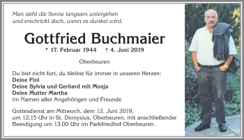 Traueranzeige von Gottfried Buchmaier von Allgäuer Zeitung, Kaufbeuren/Buchloe