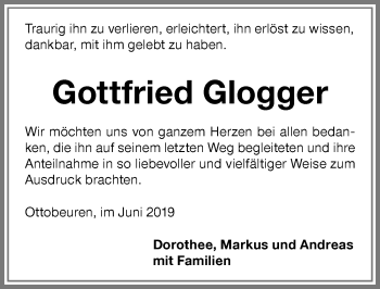 Traueranzeige von Gottfried Glogger von Memminger Zeitung