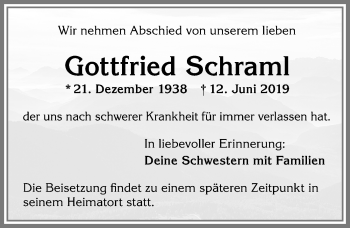 Traueranzeige von Gottfried Schraml von Allgäuer Zeitung,Kempten