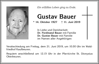 Traueranzeige von Gustav Bauer von Allgäuer Zeitung, Kaufbeuren/Buchloe