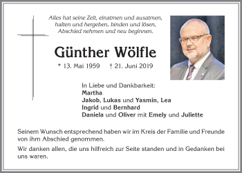 Traueranzeige von Günther Wölfle von Allgäuer Zeitung