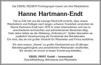 Traueranzeige von Hanne Hartmann-Endt von Allgäuer Anzeigeblatt