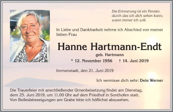 Traueranzeige von Hanne Hartmann-Endt von Allgäuer Anzeigeblatt