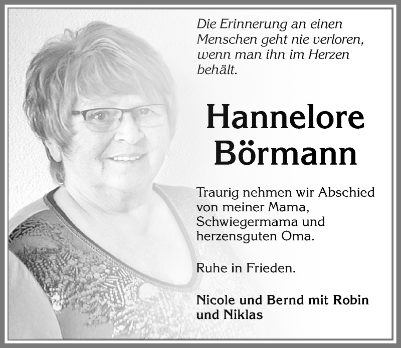  Traueranzeige für Hannelore Börmann vom 24.06.2019 aus Allgäuer Zeitung, Marktoberdorf