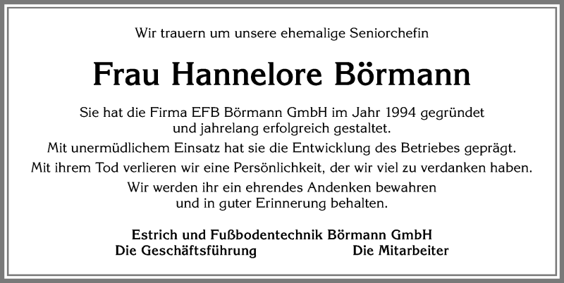  Traueranzeige für Hannelore Börmann vom 22.06.2019 aus Allgäuer Zeitung