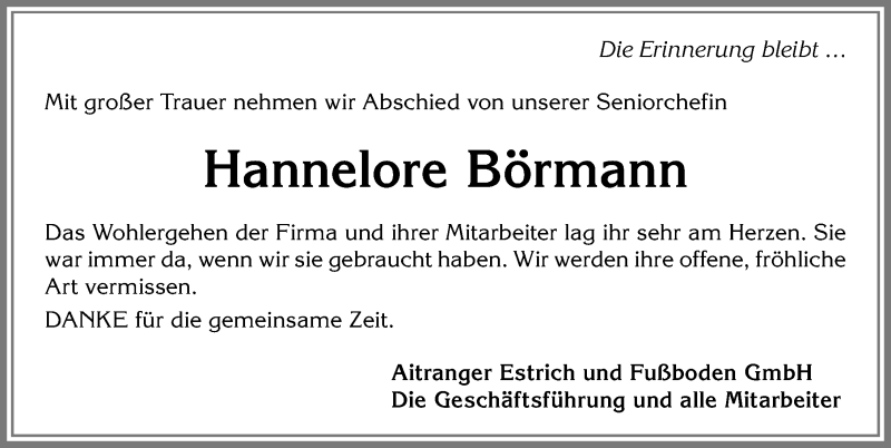  Traueranzeige für Hannelore Börmann vom 22.06.2019 aus Allgäuer Zeitung