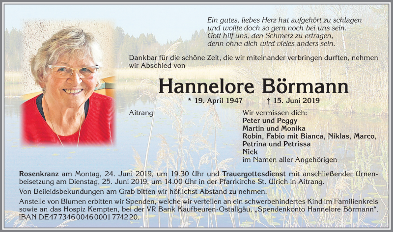  Traueranzeige für Hannelore Börmann vom 22.06.2019 aus Allgäuer Zeitung