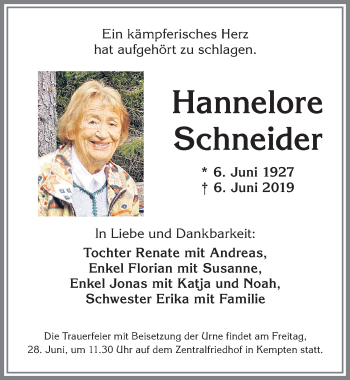 Traueranzeige von Hannelore Schneider von Allgäuer Zeitung,Kempten