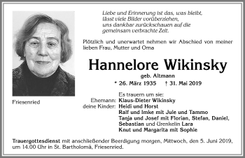 Traueranzeige von Hannelore Wikinsky von Allgäuer Zeitung, Kaufbeuren/Buchloe