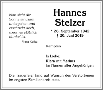 Traueranzeige von Hannes Stelzer von Allgäuer Zeitung,Kempten