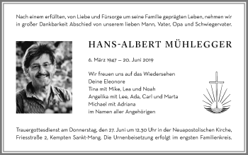 Traueranzeige von Hans-Albert Mühlegger von Allgäuer Zeitung,Kempten