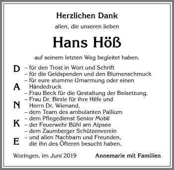 Traueranzeige von Hans Höß von Allgäuer Zeitung