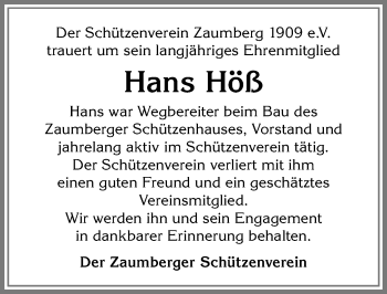 Traueranzeige von Hans Höß von Allgäuer Anzeigeblatt