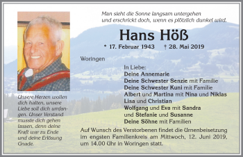 Traueranzeige von Hans Höß von Allgäuer Anzeigeblatt