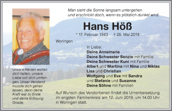 Traueranzeige von Hans Höß von Allgäuer Zeitung