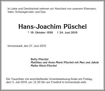 Traueranzeige von Hans-Joachim Püschel von Allgäuer Anzeigeblatt