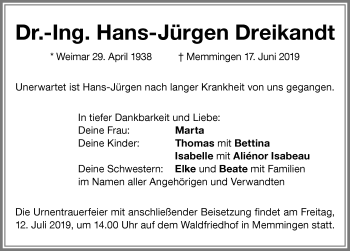 Traueranzeige von Hans-Jürgen Dreikandt von Memminger Zeitung
