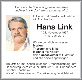 Traueranzeige von Hans Link von Memminger Zeitung