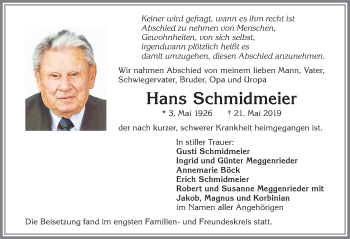 Traueranzeige von Hans Schmidmeier von Allgäuer Zeitung,Kempten