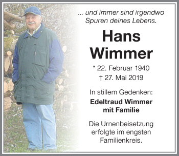 Traueranzeige von Hans Wimmer von Memminger Zeitung