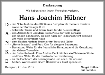 Traueranzeige von Hans Joachim Hübner von Allgäuer Zeitung,Kempten