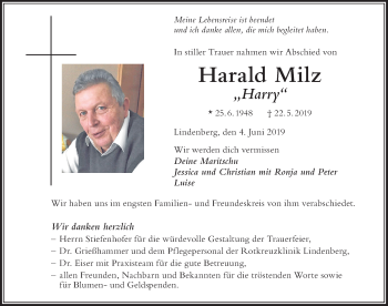 Traueranzeige von Harald Milz von Der Westallgäuer