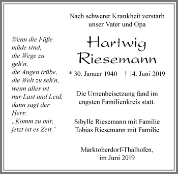 Traueranzeige von Hartwig Riesemann von Allgäuer Zeitung, Marktoberdorf
