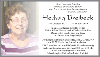 Traueranzeige von Hedwig Breibeck von Allgäuer Zeitung, Marktoberdorf