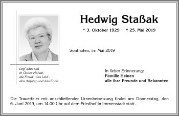 Traueranzeige von Hedwig Staßak von Allgäuer Anzeigeblatt