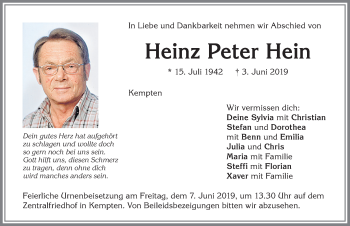 Traueranzeige von Heinz Peter Hein von Allgäuer Zeitung,Kempten