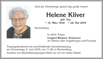 Traueranzeige von Helene Kliver von Allgäuer Zeitung,Kempten