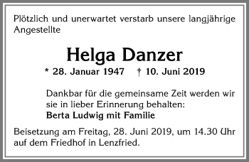 Traueranzeige von Helga Danzer von Allgäuer Zeitung,Kempten