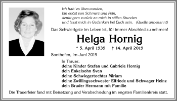 Traueranzeige von Helga Hornig von Allgäuer Anzeigeblatt