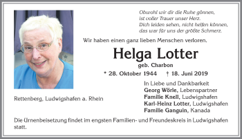 Traueranzeige von Helga Lotter von Allgäuer Anzeigeblatt