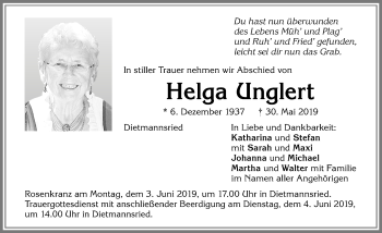 Traueranzeige von Helga Unglert von Allgäuer Zeitung,Kempten