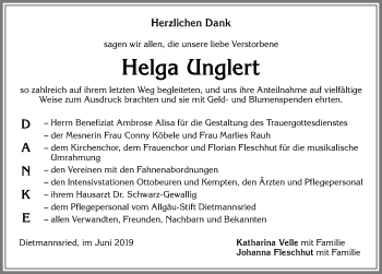 Traueranzeige von Helga Unglert von Allgäuer Zeitung,Kempten