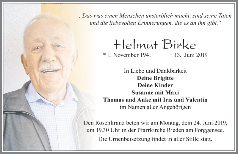 Traueranzeige für Helmut Birke vom 21.06.2019 aus Allgäuer Zeitung, Füssen