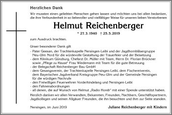 Traueranzeige von Helmut Reichenberger von Allgäuer Anzeigeblatt