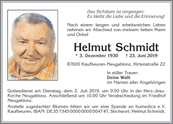 Traueranzeige von Helmut Schmidt von Allgäuer Zeitung, Kaufbeuren/Buchloe